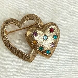 Vintage multi jewel tone heart brooch